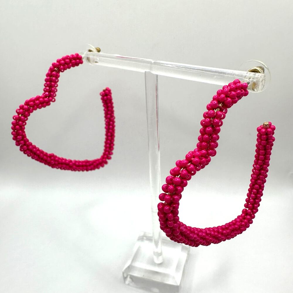 Large Heart Pink Heart Hoop Pierced Earring Beaded Seed Beads